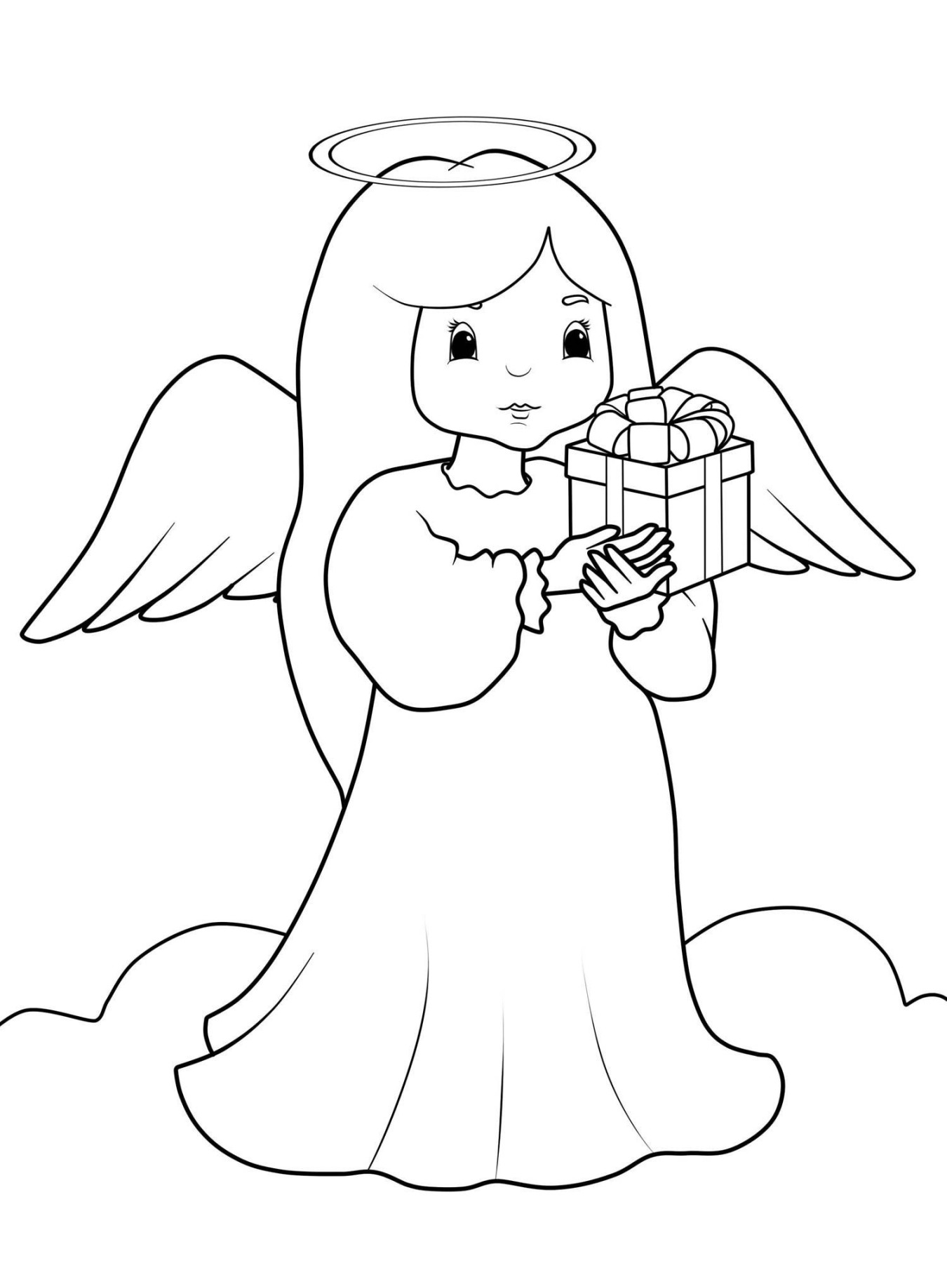 Ausmalbild Weihnachtsengel: Engel mit Geschenk kostenlos