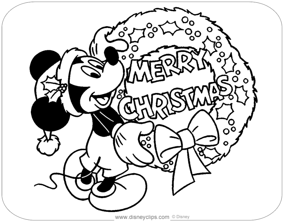 Coloring page of Mickey Mouse holding up a Christmas wreath #mick