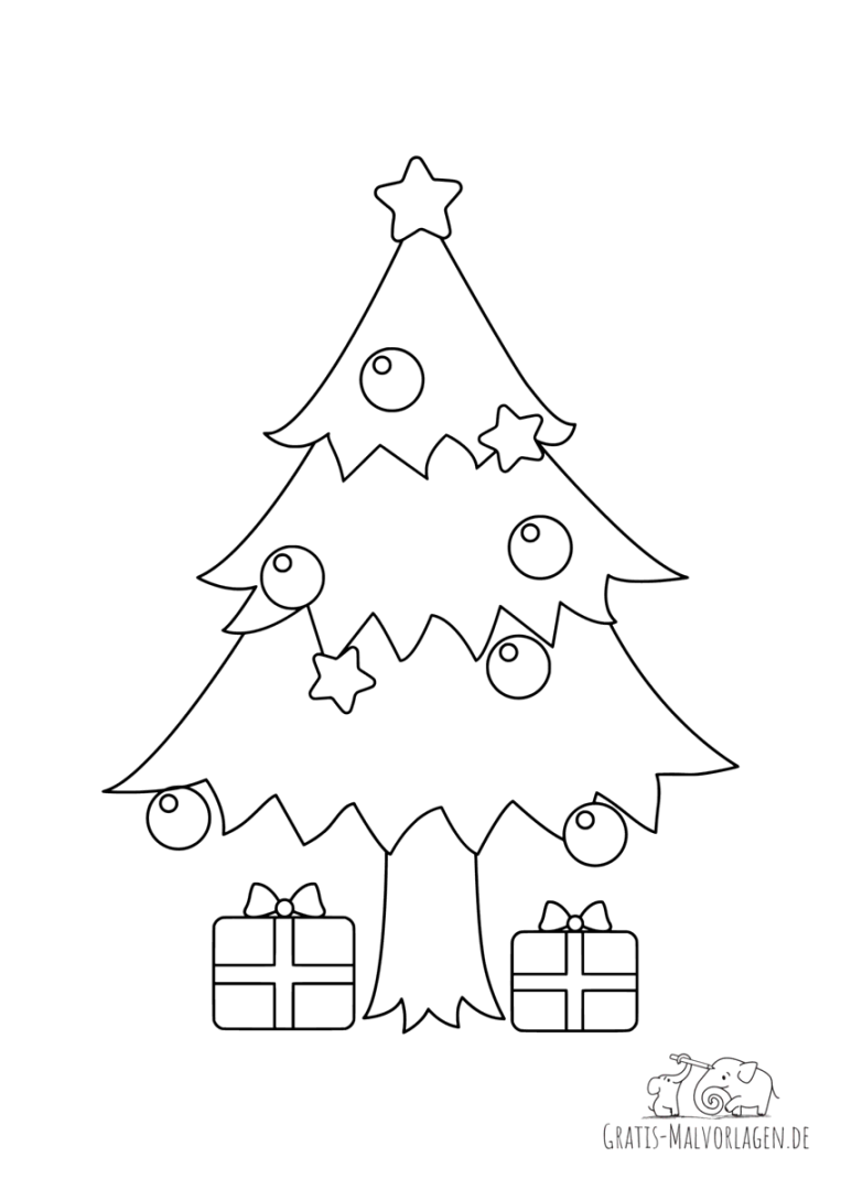 Ausmalbild Weihnachtsbaum mit Geschenken - Gratis Malvorlagen