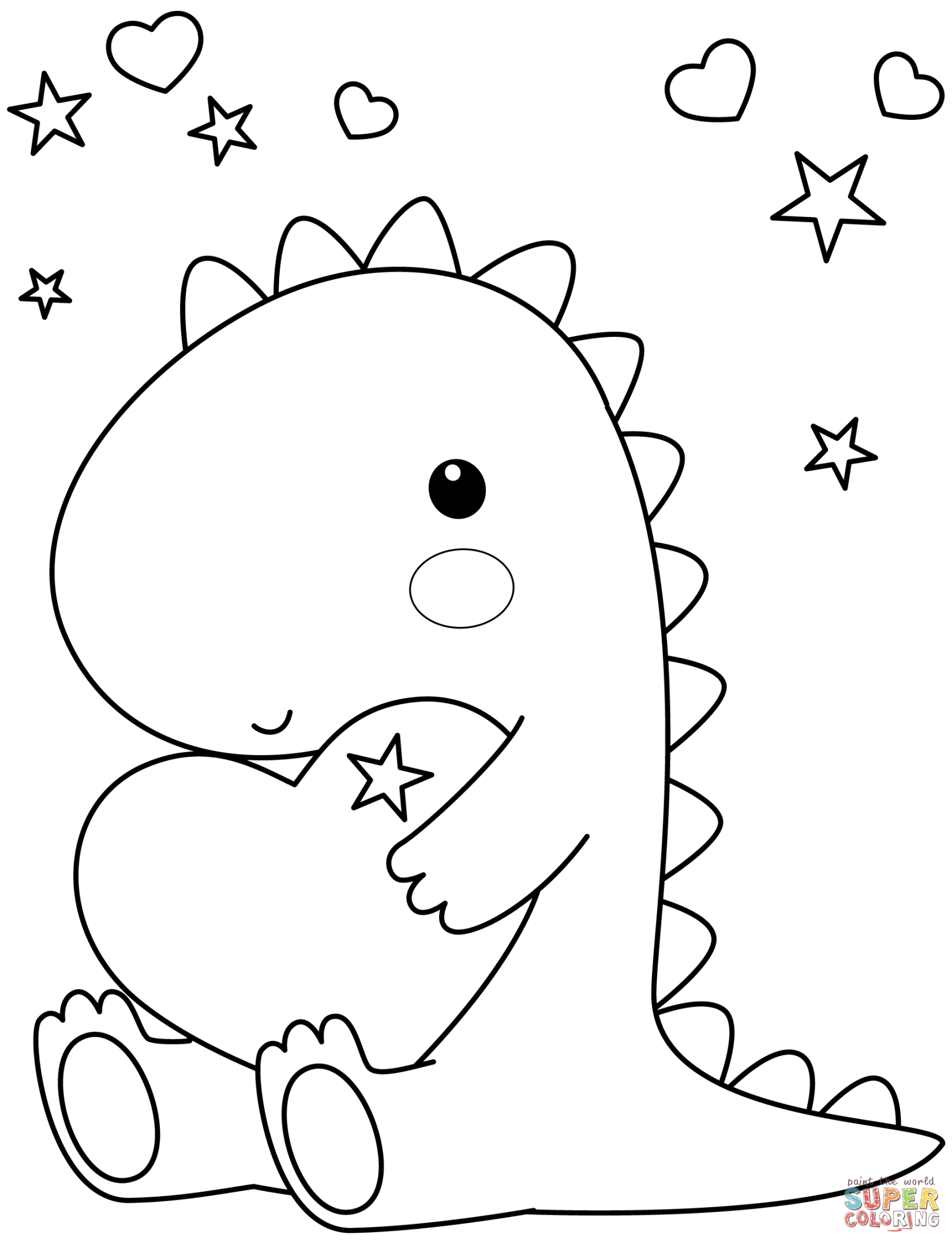 Ausmalbild: Kawaii Dinosaurier mit Herz  Ausmalbilder kostenlos