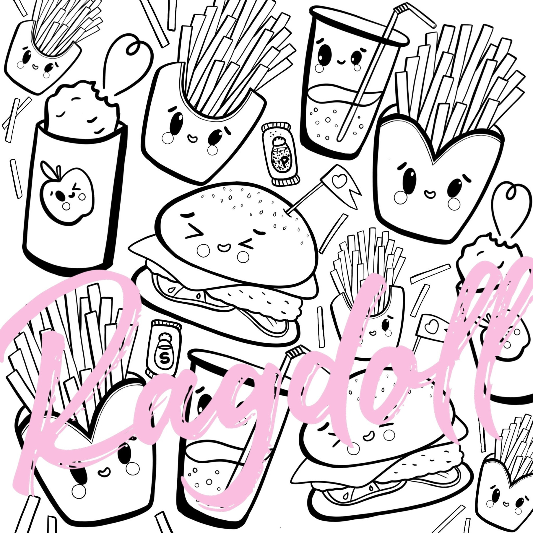 Ausmalseite PRINTABLE Kawaii Fast Food Ausmalseite. Kawaii. Niedlich.  Kinder kunst. Ausmalen für Erwachsene. Ausmalseite.