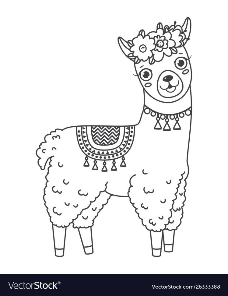 Cute outline doodle jumping llama with hand drawn vector image on