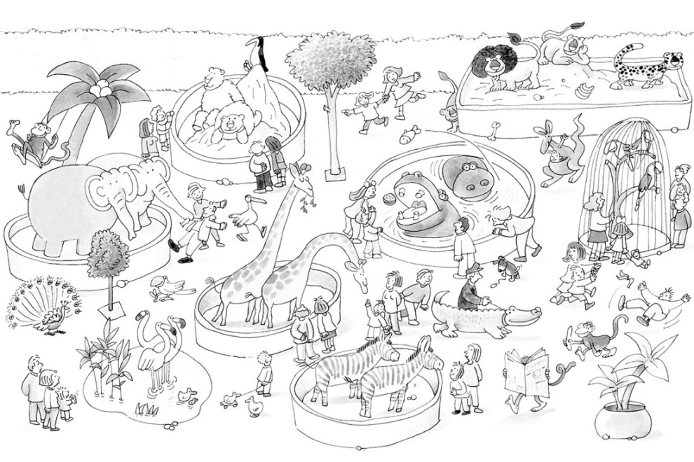 Fototapete Zoo, Wimmelbild für Kinder zum Ausmalen