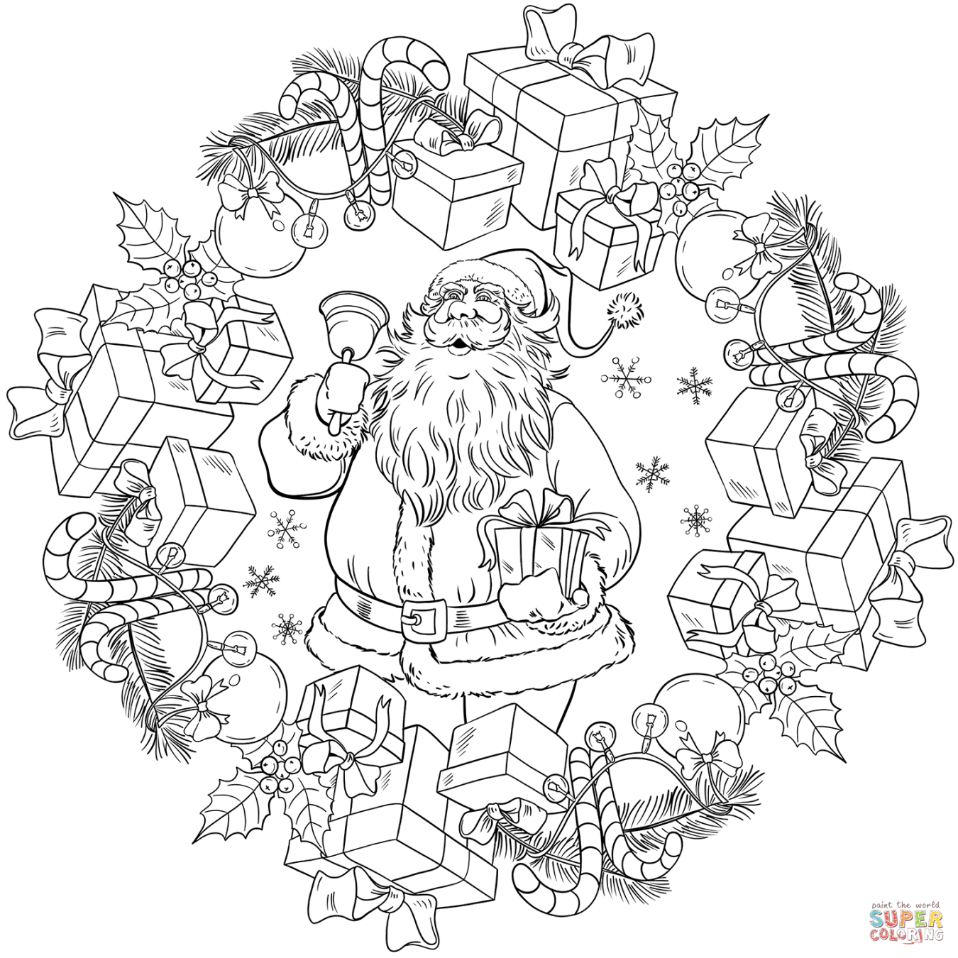 Ausmalbild: Weihnachts-Mandala mit Nikolaus und Geschenken