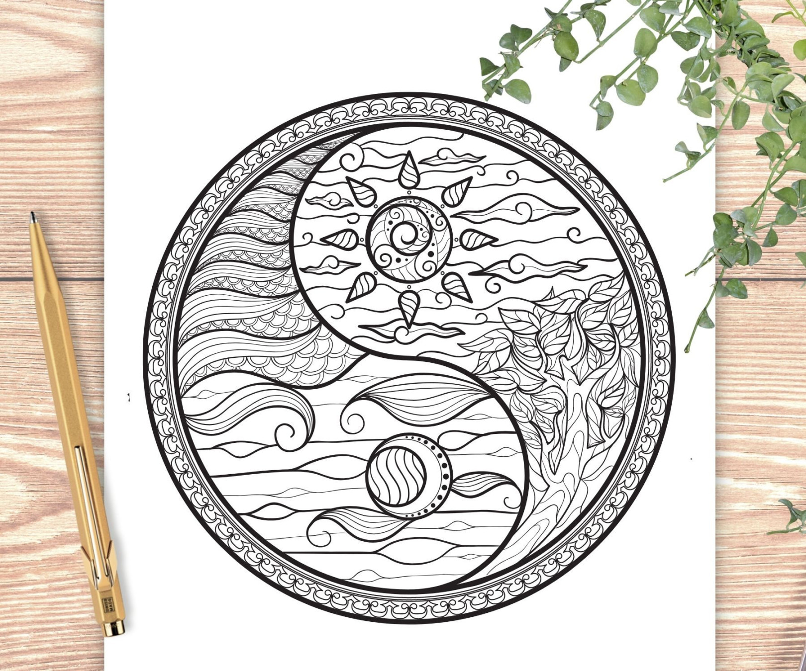 YIN YANG - Sonne & Mond - Ausmalseite zum Ausdrucken  Digitaler Download